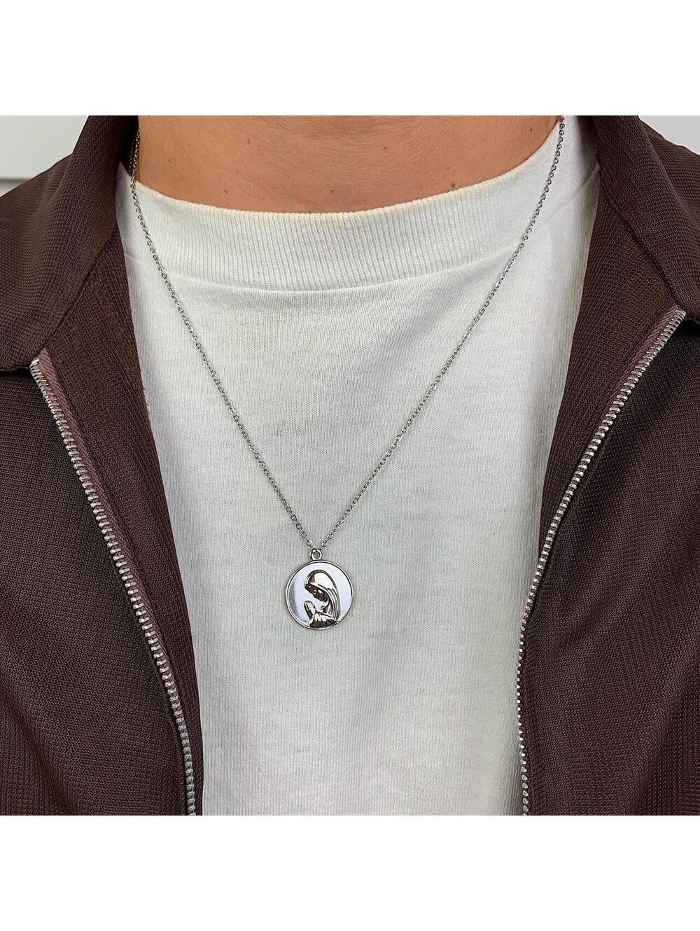 Vintage y2k style Saint Marry Circle pendant silver stainless steel necklace - Picture 5 of 8